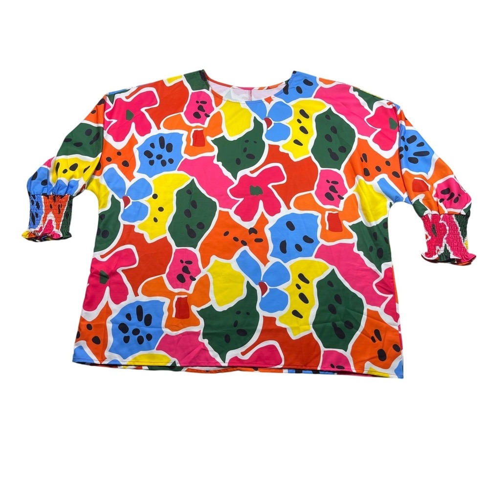 Womens Large Colorful Abstract Floral Top Puff Sleeve Smocked Cuff Mod Boho